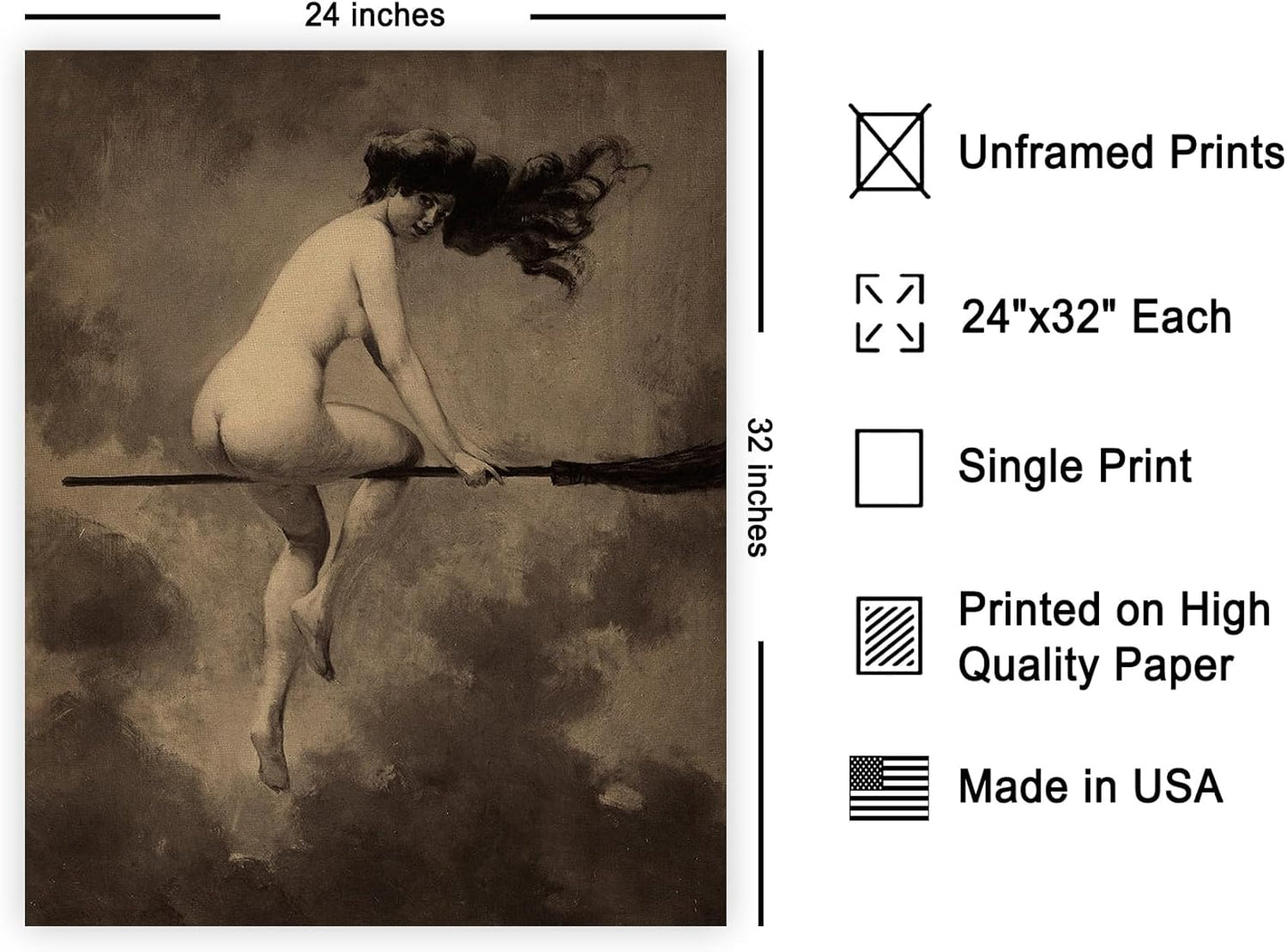 Poster Master Vintage Albert Joseph Penot Poster - Retro Halloween Print - Gift for Artist, Friend - Departure for the Sabbath, Naked Witch on Broom - Wall Decor for Bedroom, 24x32 Unframed Wall Art