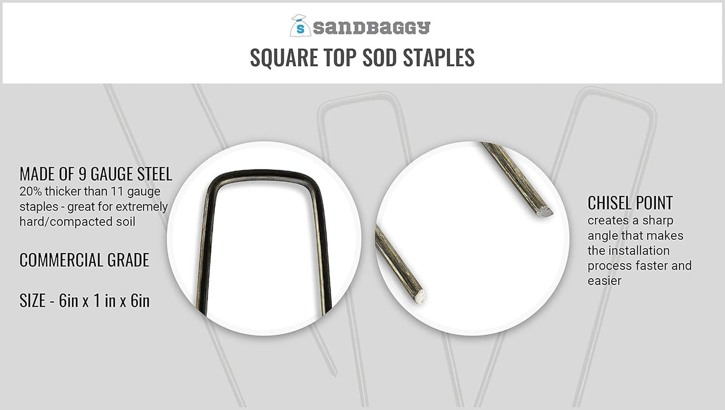 Sandbaggy 6 inch Landscape Sod Staples (9 Gauge Steel) ~ Great for Hard Soil - 20% Thicker Than Competition - Trusted by Farmers & Contractors Across USA (500 Staples)
