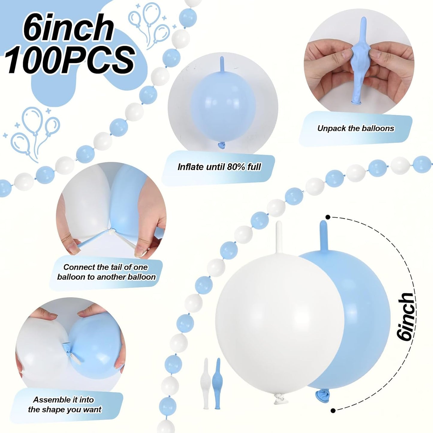 100PCS Blue and White Link Balloons, Baby Light Blue White Linking Balloons with Tail for Making Balloon Wall Arch and Chains, Quick Balloon for Wedding Birthday Baby Shower Party Decorations (6inch)