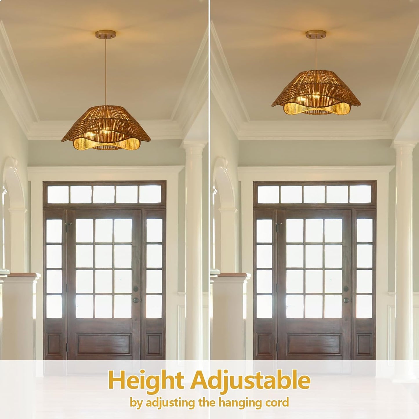 19.68" Large Gold Rattan Pendant Light, 3-Light Farmhouse Chandeliers for Dining Room, Woven Wicker Flush Mount Hanging Light, Adjustable Boho Pendant Lighting for Kitchen Island Bedroom