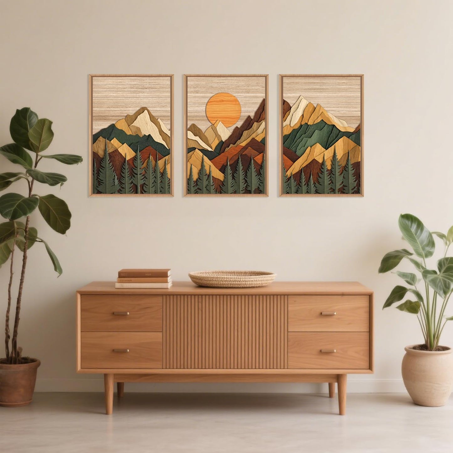 Celestdeco Woodcut Style Mountain Framed Canvas Wall Art Set, Large Brown Ridge Wall Decor, Boho Pine Tree Wall Painting, Abstract Wooden Art Print for Living Room, Bedroom, Office - 16"X24"X3 (Not-3D Effect)