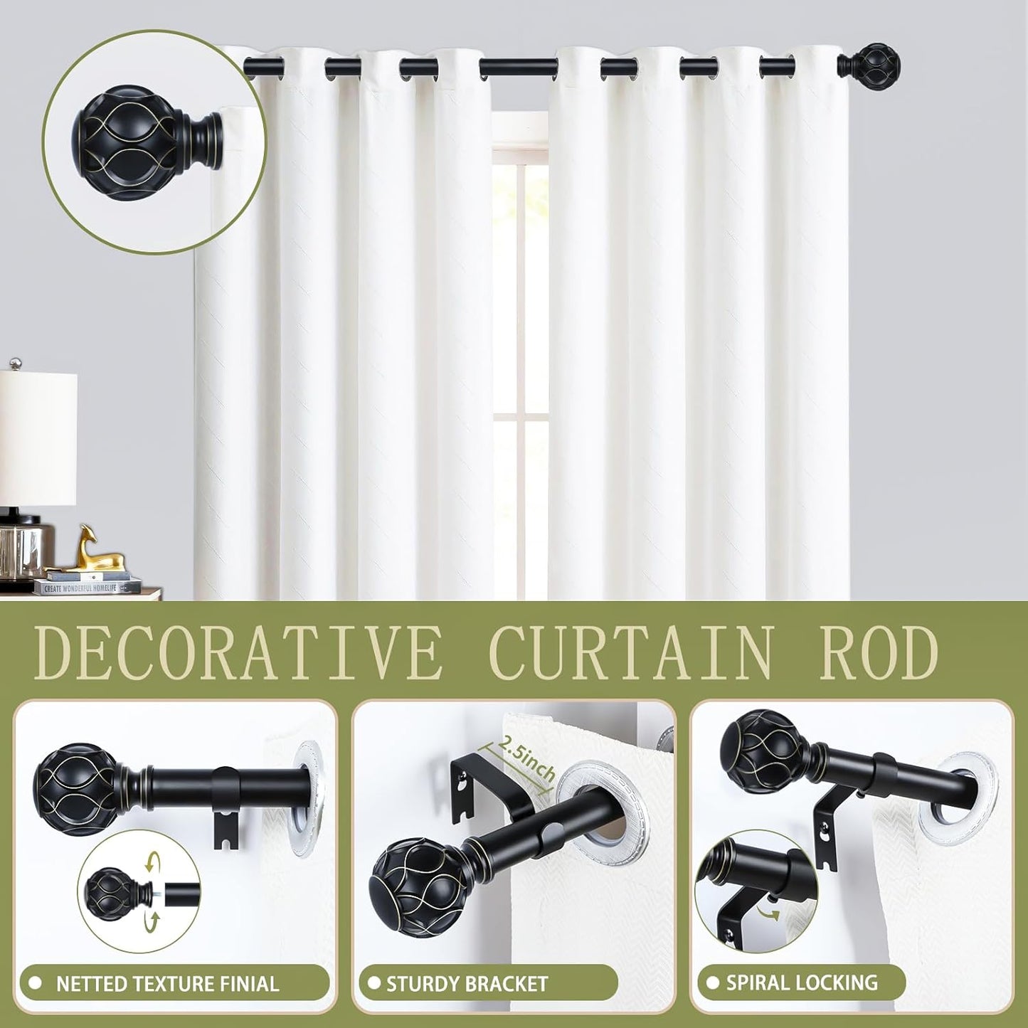 Black Adjustable Curtain Rods for Windows:66-120" Farmhouse Heavy Duty Curtain Rod for Bedroom Living Room,Boho Decorative Rustic Drapery Rods with Vintage Coastal Texture Finial,Matte Black