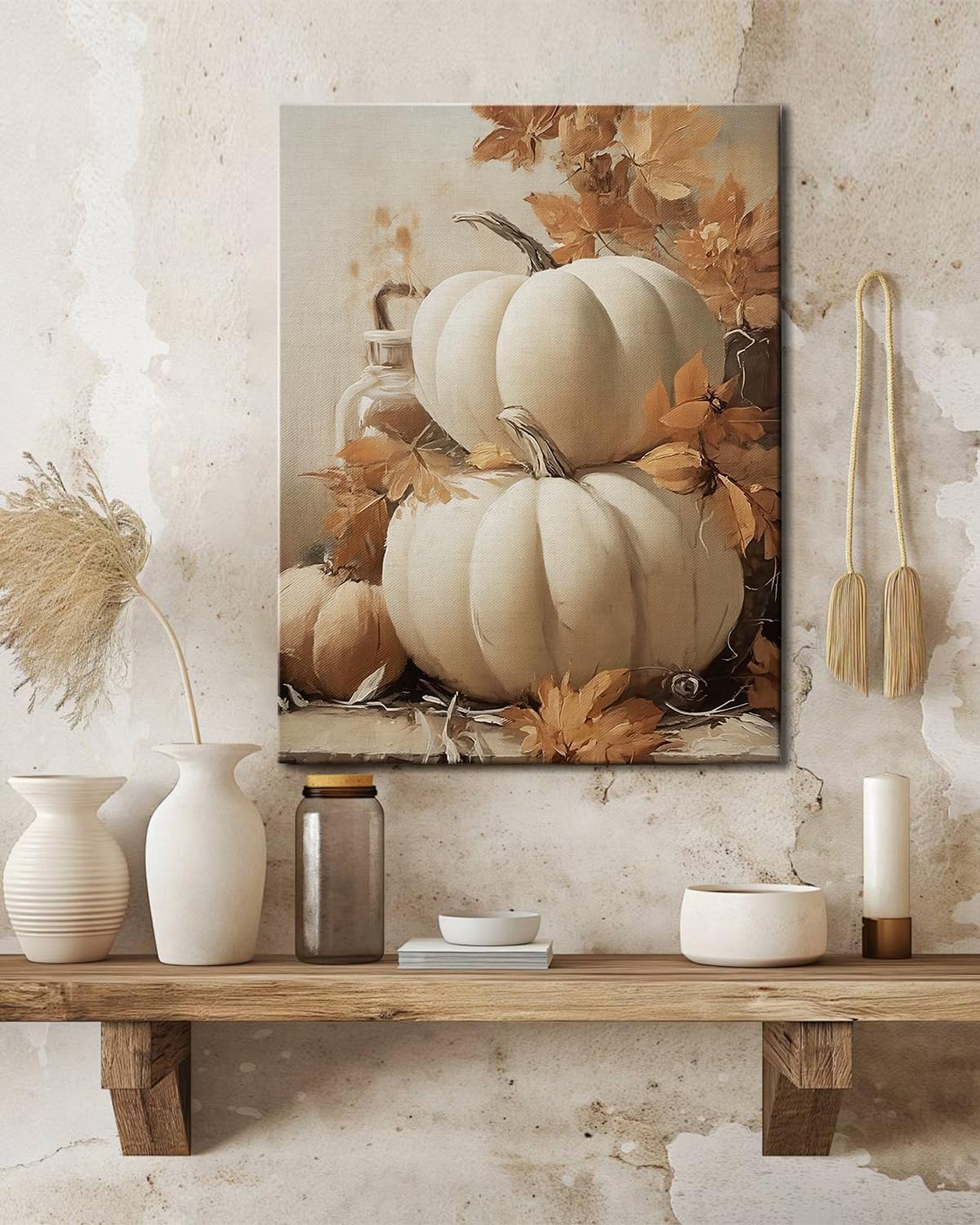 Farmhouse Autumn Pumpkin Wall Art Decor, Rustic Fall Canvas Prints Framed for Living Room Kitchen Dining Room, Thanksgiving Decorations and Cozy Fall Wall Art Picture, Ready to Hang