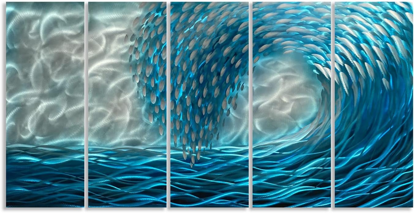 Yihui Arts Hand Crafted Blue Sea Wave 3D Metal Wall Art - Coastal 5 Panel Aluminum Sculpture for Big Abstract Office, Hallway, Fireplace, and Home Decor
