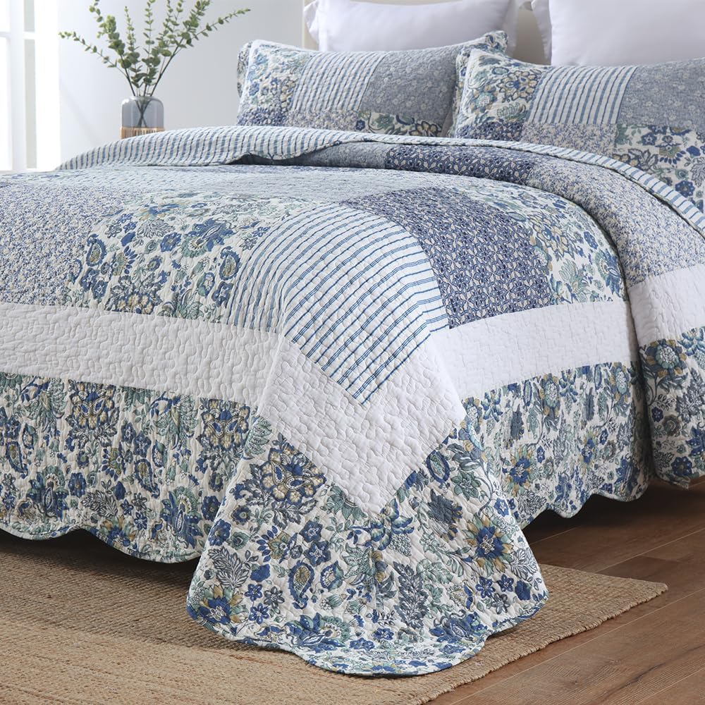 Cotton Bedspread Quilt Bedding Sets 3 Pieces Reversible Coverlet Sets Comforters Vintage Floral Patchwork Blue Bedspread (Blue Vintage Floral, King Size)