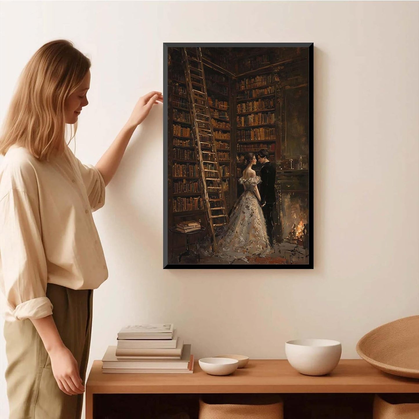 JFHCQJPK Gothic retro library scene decoration melancholy calm art college style wall aesthetic antique style home decoration suitable for bedroom living room16x24in Metal blackFramed