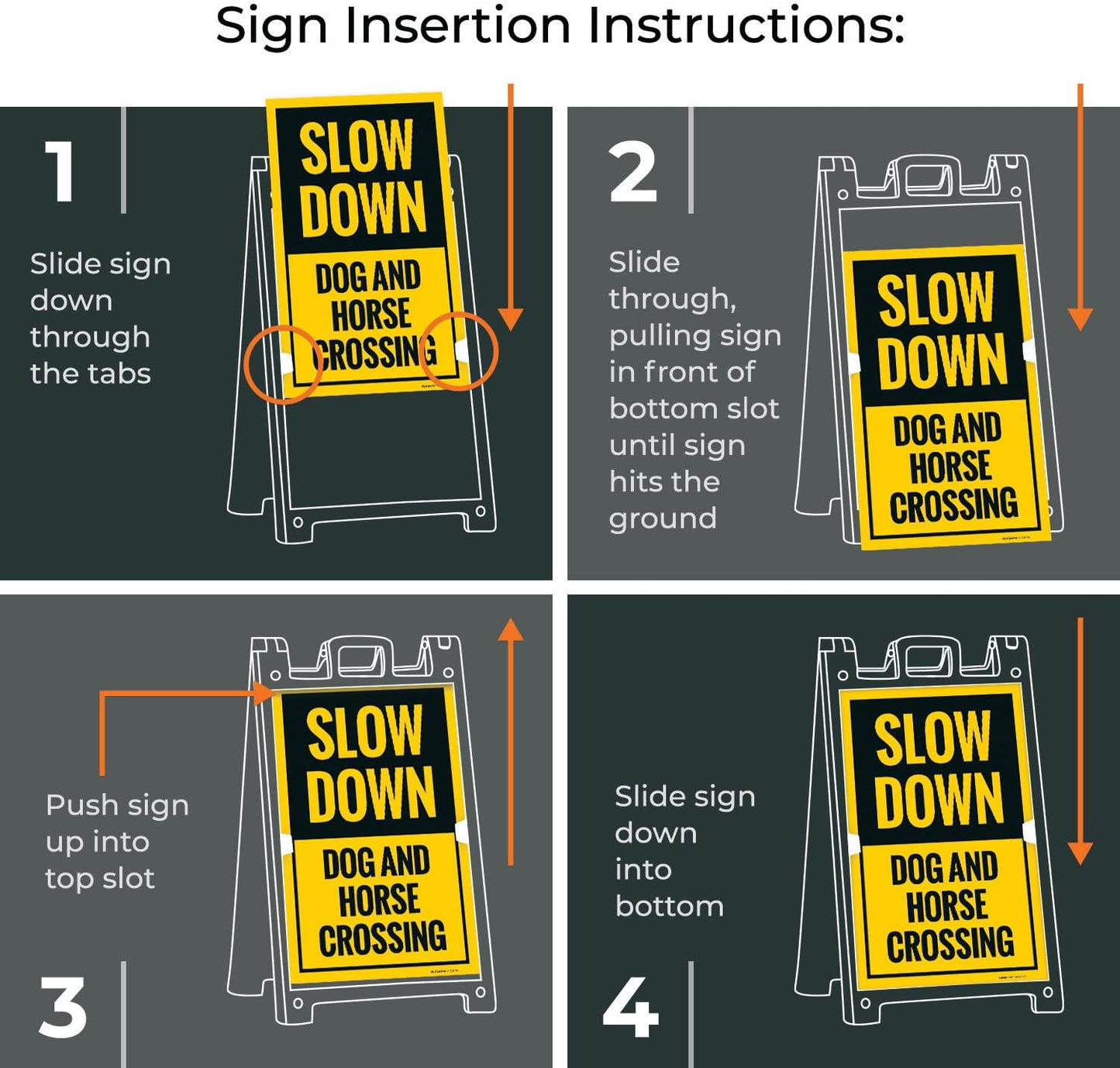 Slow Down Dog and Horse Crossing Sidewalk Sign Kit, 18x24 Inches, with A Frame Stand, Made in USA