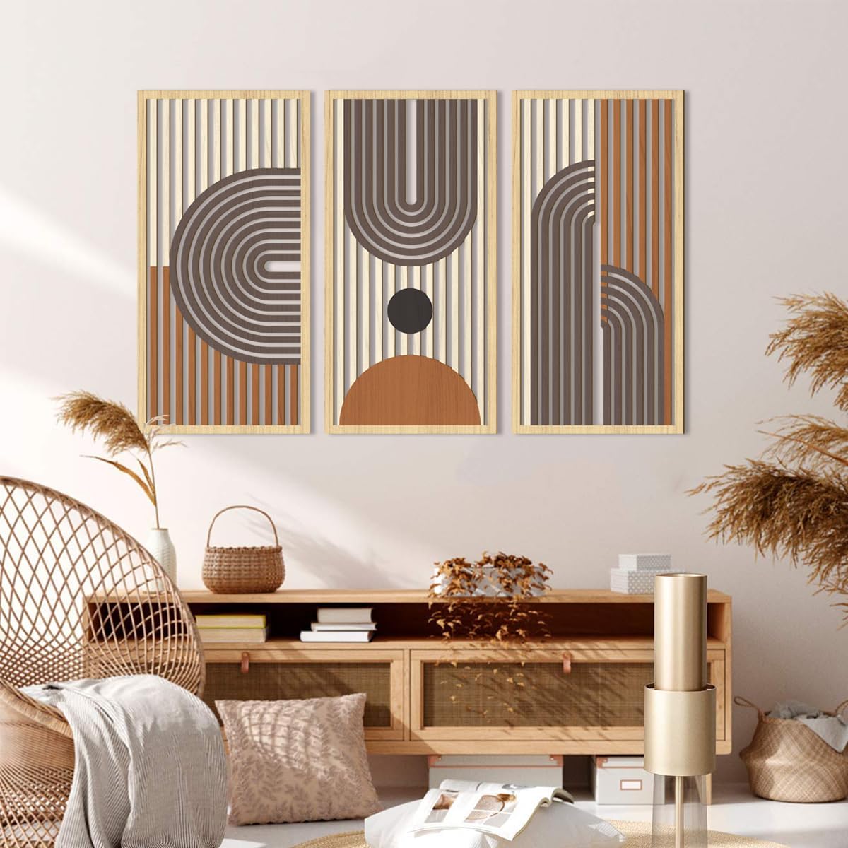IARTTOP Mid century Modern Decor 16x32 Inch Large Boho Wood Wall Art Abstract Wooden Wall Decor Minimalist Bohemian Orange Artwork for Living Room Bedroom Office Set of 3
