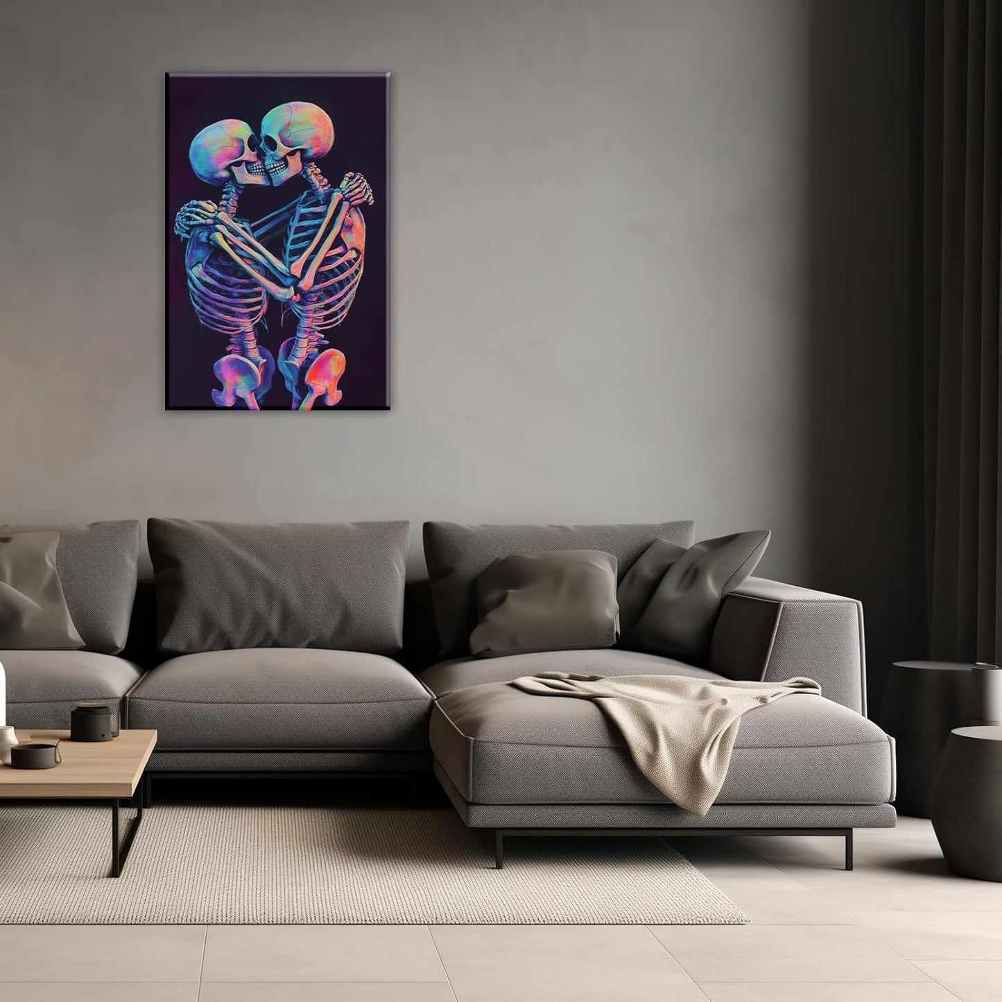 Skeleton Wall Art Kissing Skull Art Poster Skeleton Lover Picture Print On Canvas Abstract Horrible Theme Painting Framed Artwork Living Room Decor(Artwork-3,20"x30")