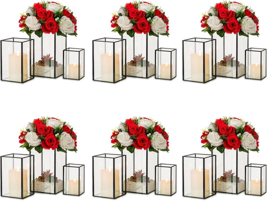 Glass Hurricane Candle Holder Large - Hewory 18pcs Black Rectangle Flower Holders Centerpiece for Table, Tall Floor Square Pillar Candle Lantern for Wedding, Anniversary, Party, Fireplace, Dining Room