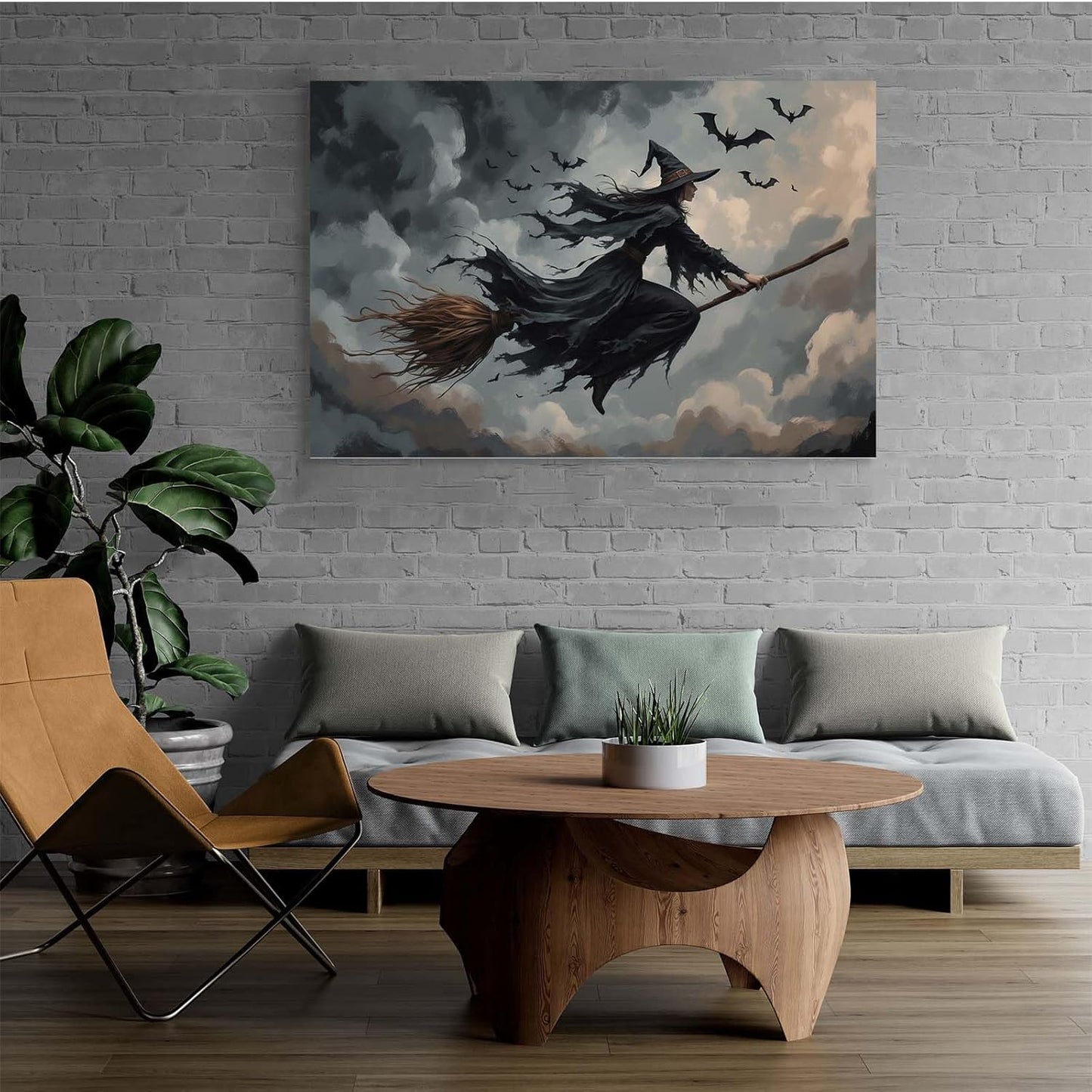 Witch and bat flying Halloween poster suitable for home party wall decoration retro Halloween preppy style wall art canvas print suitable for room decoration20x30in Wood Framed