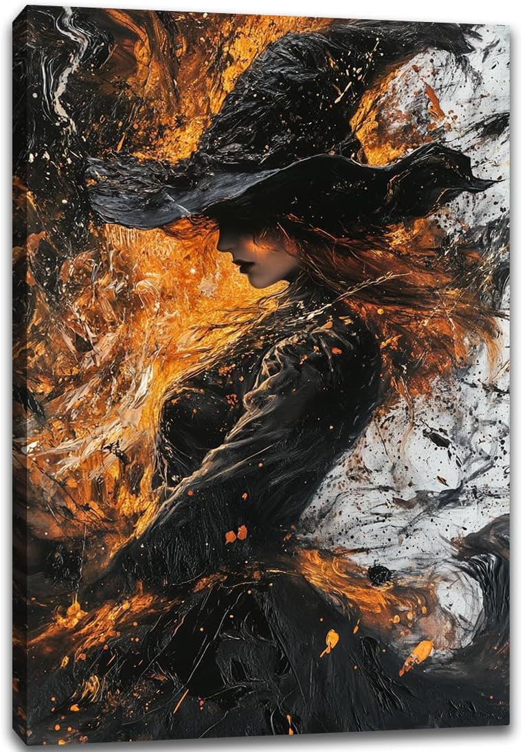 Witch Canvas Poster Print, Dark Academic Picture Wall Decor, Modern Fashion Aesthetic Abstract Witchcraft Halloween Wall Art For Bedroom Living Room Hallway Decoration,16"x24" Framed