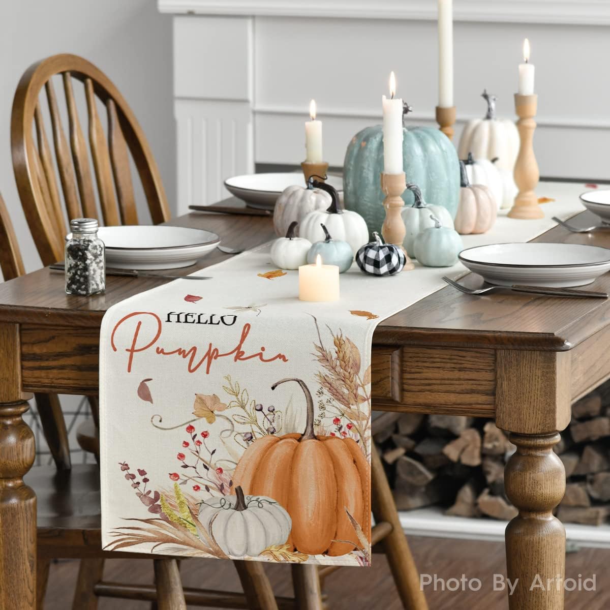 Artoid Mode Hello Pumpkin Flowers Leaves Thanksgiving Table Runner, Seasonal Fall Harvest Vintage Kitchen Dining Table Decoration for Indoor Outdoor Home Party Decor 13 x 108 Inch