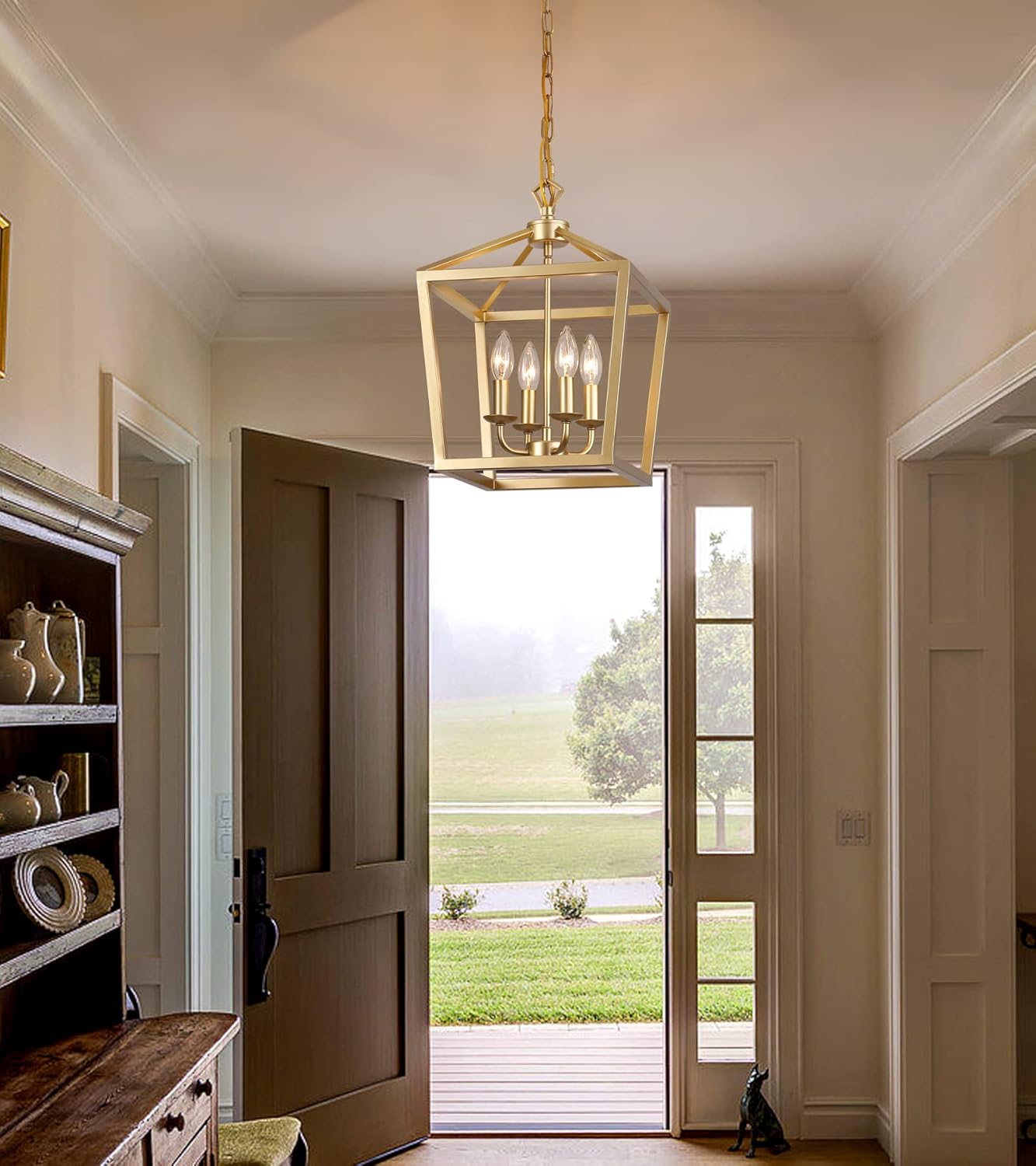 AMZASA Gold Lantern Chandelier Hanging Pendant Light Fixture 4-Lights for Kitchen Island Dining Room Hallway Entryway Foyer UL Listed