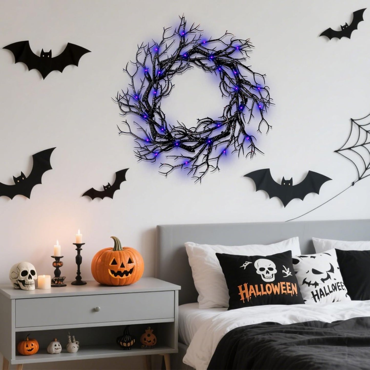 Halloween Black Branch Wreath, 20 Inch Glitter Black Twig Halloween Wreaths with Purple Lights for Front Door Indoor Outdoor Party Window Wall Decor Farmhouse Garland Yard