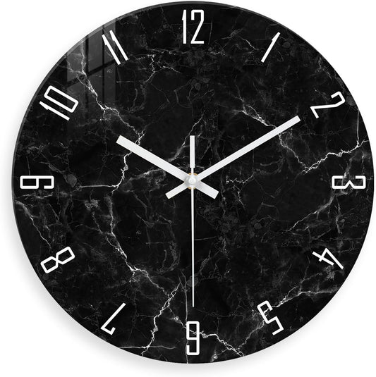 Marble Minimalist Wall Clock for Living Room Black Wall Clocks Battery Operated 20 Inch Big Glass Wall Clock Non Ticking
