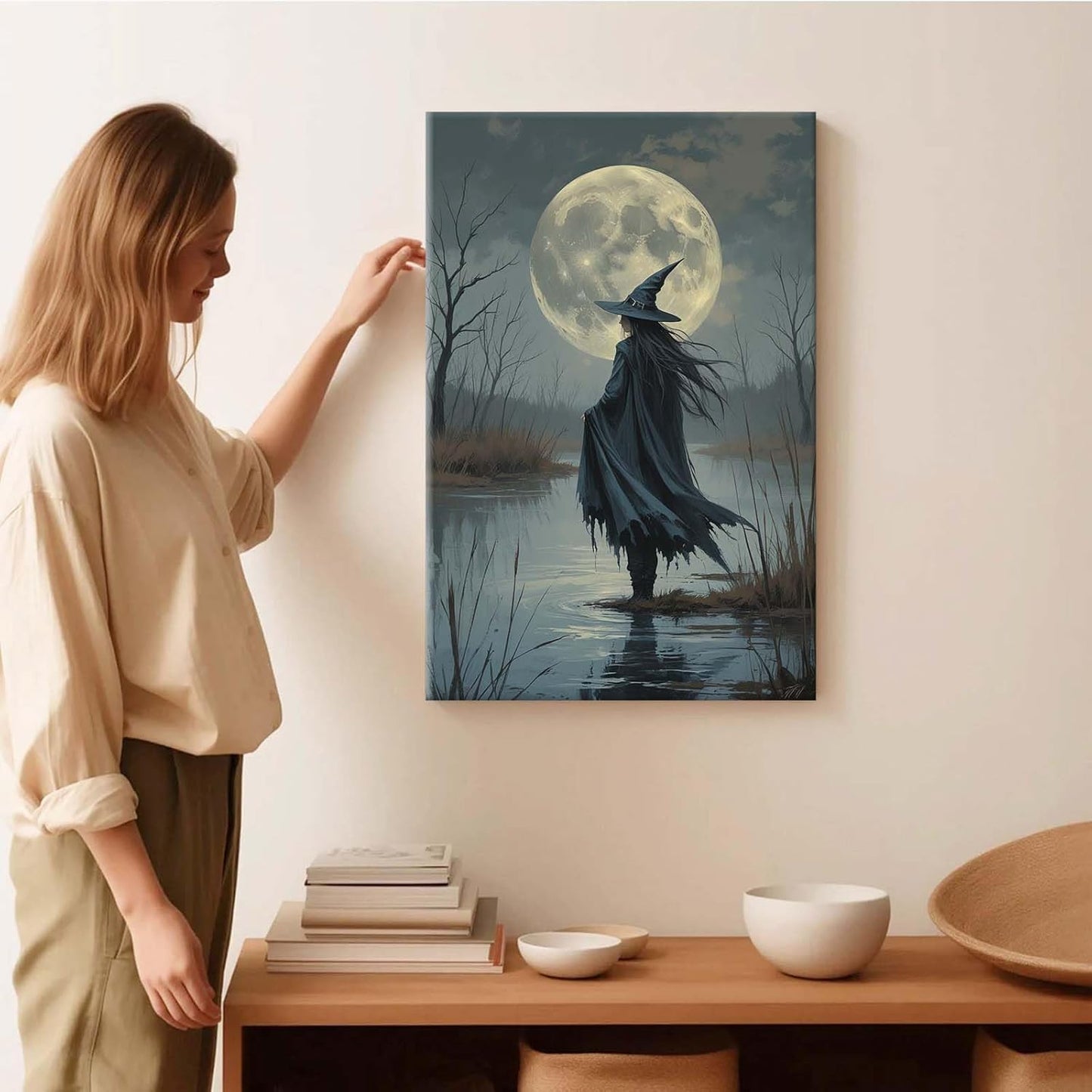 JFHCQJPK Witch in the moonlight magic canvas wall art enchanting Halloween home decor swamp witch silhouette oil painting mysterious gothic aesthetic wall decor print poster16x24in Frameless
