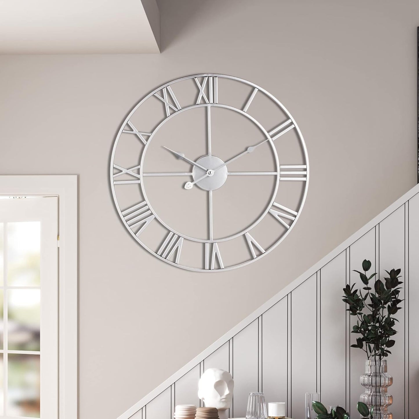LEIKE 24" Modern Large Wall Clocks,Vintage, Round,Silent Non Ticking,Battery Operated,Silver Metal Roman Numerals Clock for Living Room/Bedroom/Kitchen Decor