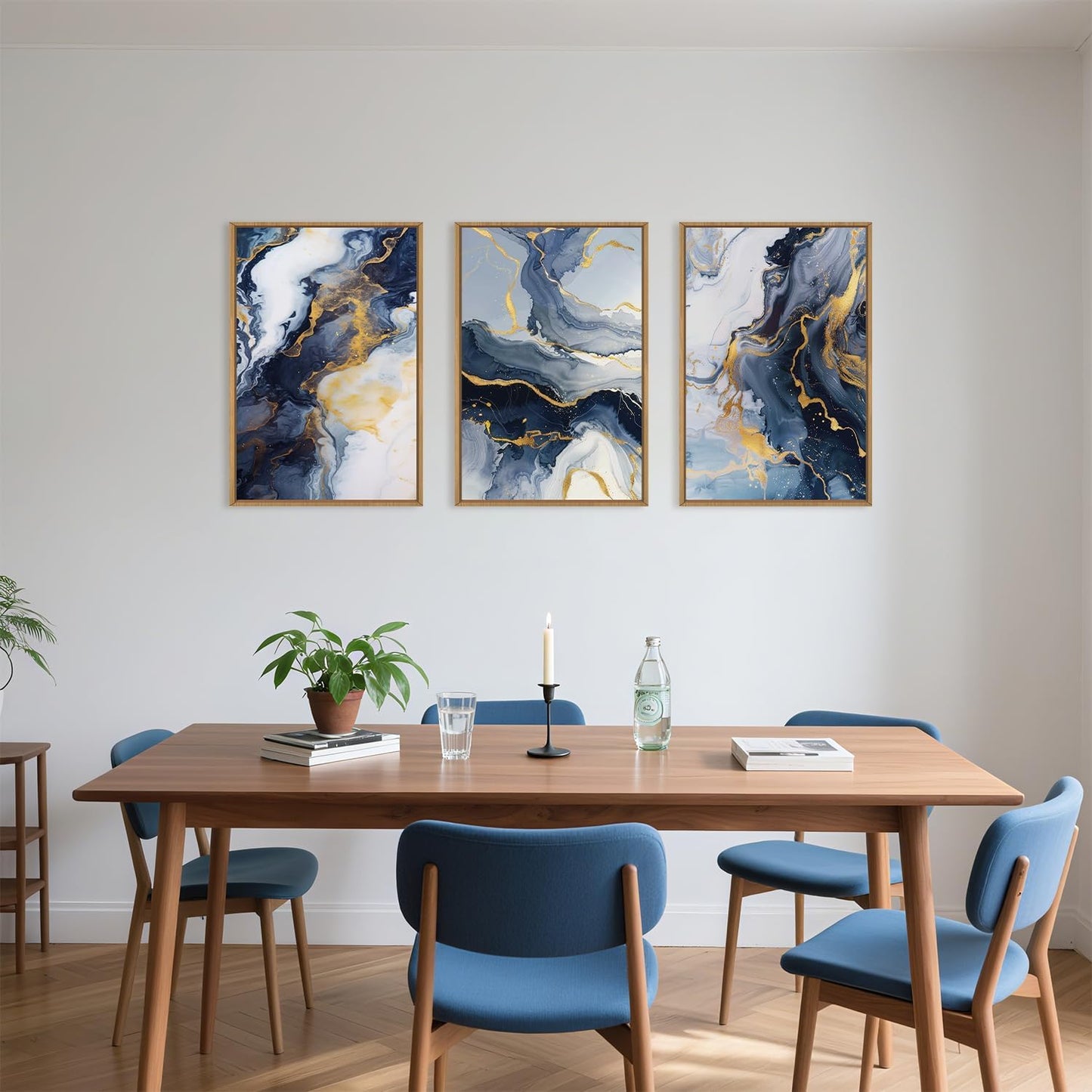 Blue and Gold Framed Canvas Wall Art Set, Mid-Century Modern Abstract Wall Decor, Navy Blue Ink Wash Painting, Neutral Art Print for Living Room, Bedroom, Dining Room, Office - 16"x24"x3