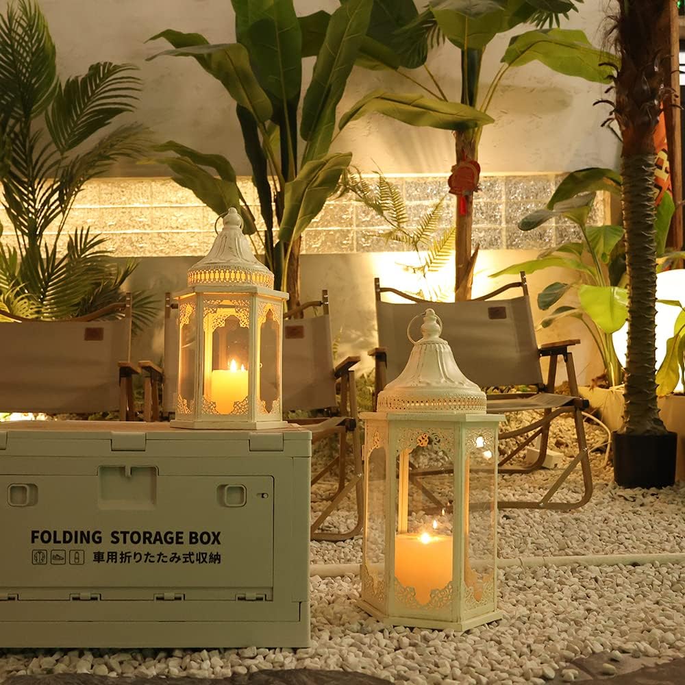 NEEDOMO Lanterns Decorative Outdoor & Indoor, Set of 2 Outdoor Lanterns for Porch,Large Candle Lantern, Beige Metal Frame with Glass for Fall, Christmas