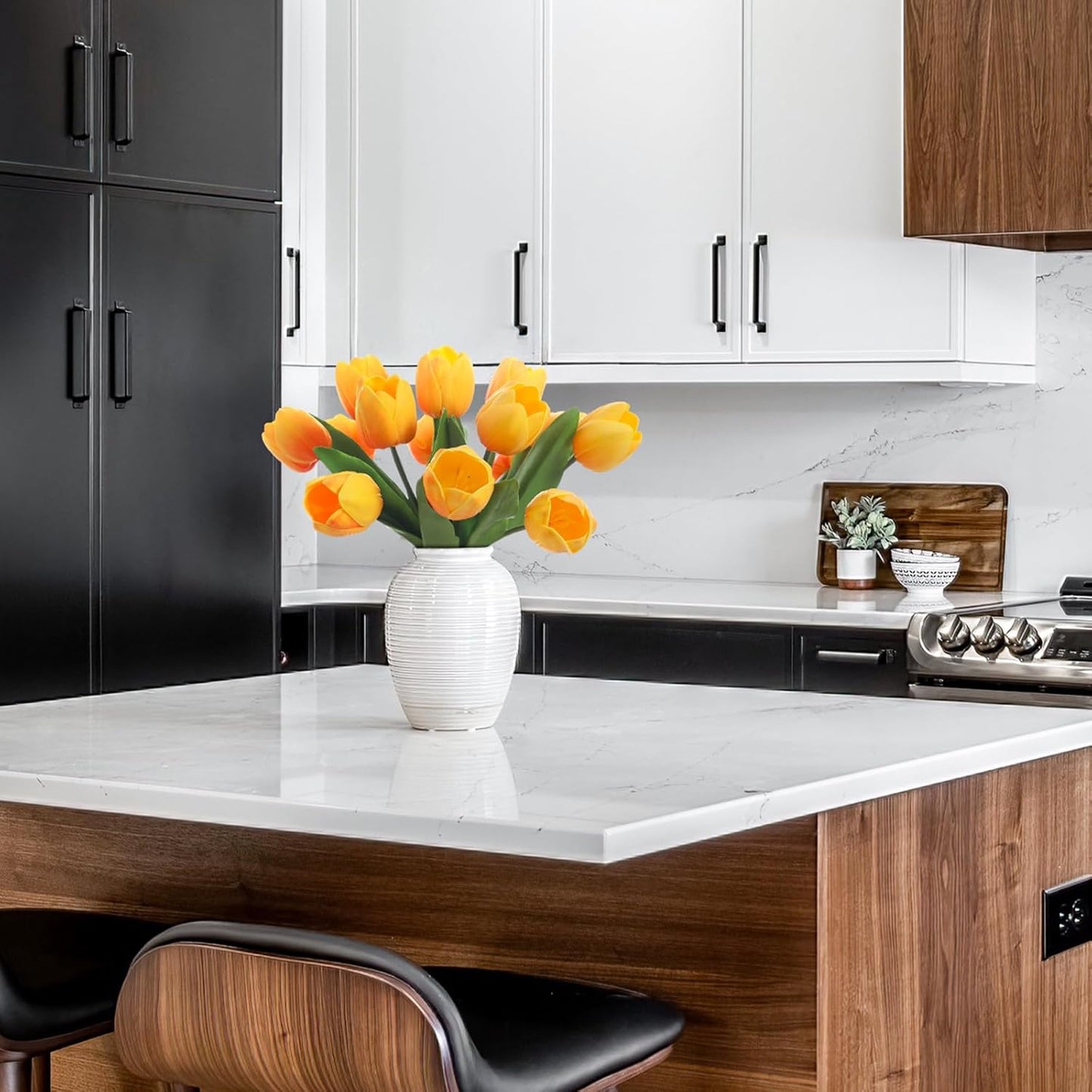 Orange Artificial Tulips, 2 Bundles 14Pcs, Fake Tulips Artificial Flowers, 2 x 2.4 Inch Large Flower Head Big Tulip, Easter Valentine's Day Mother's Day Home Decoration Flowers