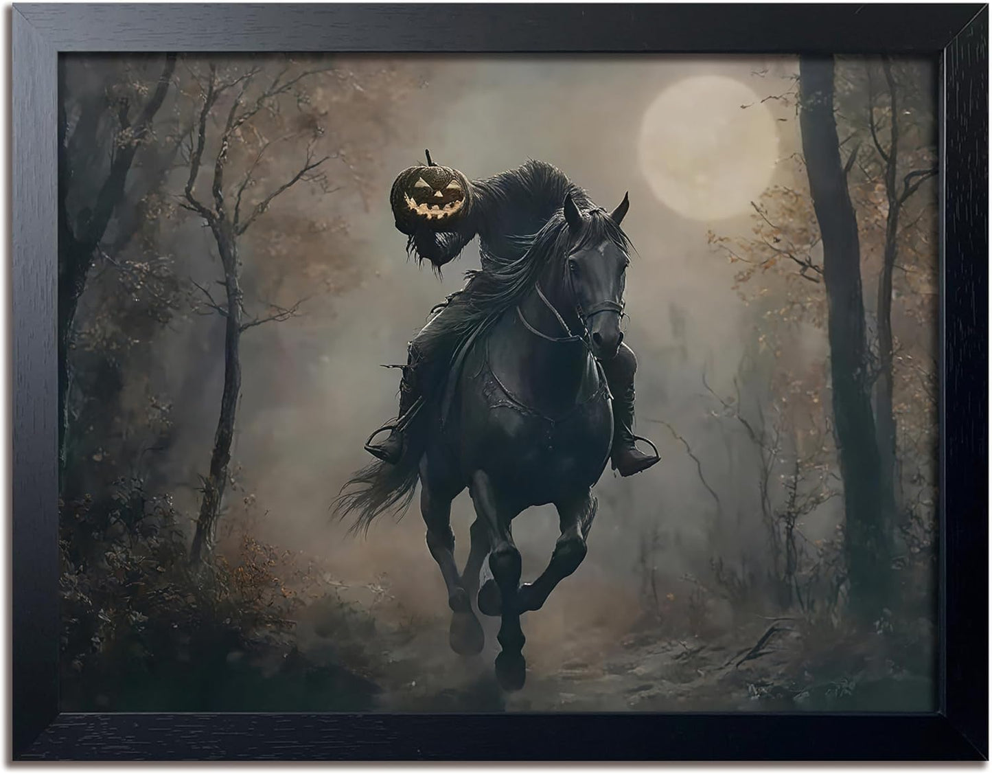 Black Wood Framed Halloween Canvas Wall Art Painting, Headless knight holding a pumpkin lantern Wall Decor, Vintage Dark Academia Gothic Poster Print, for Living Room Bedroom Office Decor 8x10 Inch