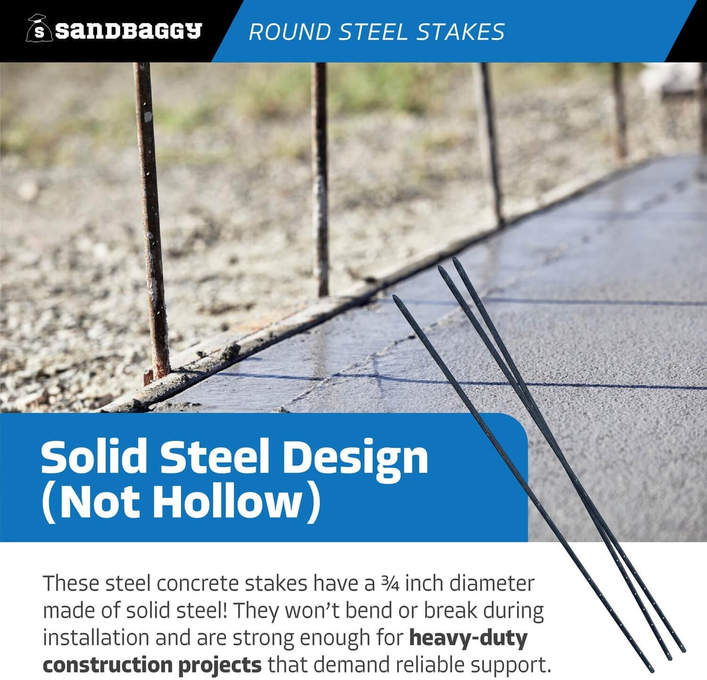 Sandbaggy Round Steel Concrete Form Stakes with Nail Holes - Rust Resistant Coating - Removable, Reusable (20, 3/4 in X 60 in)