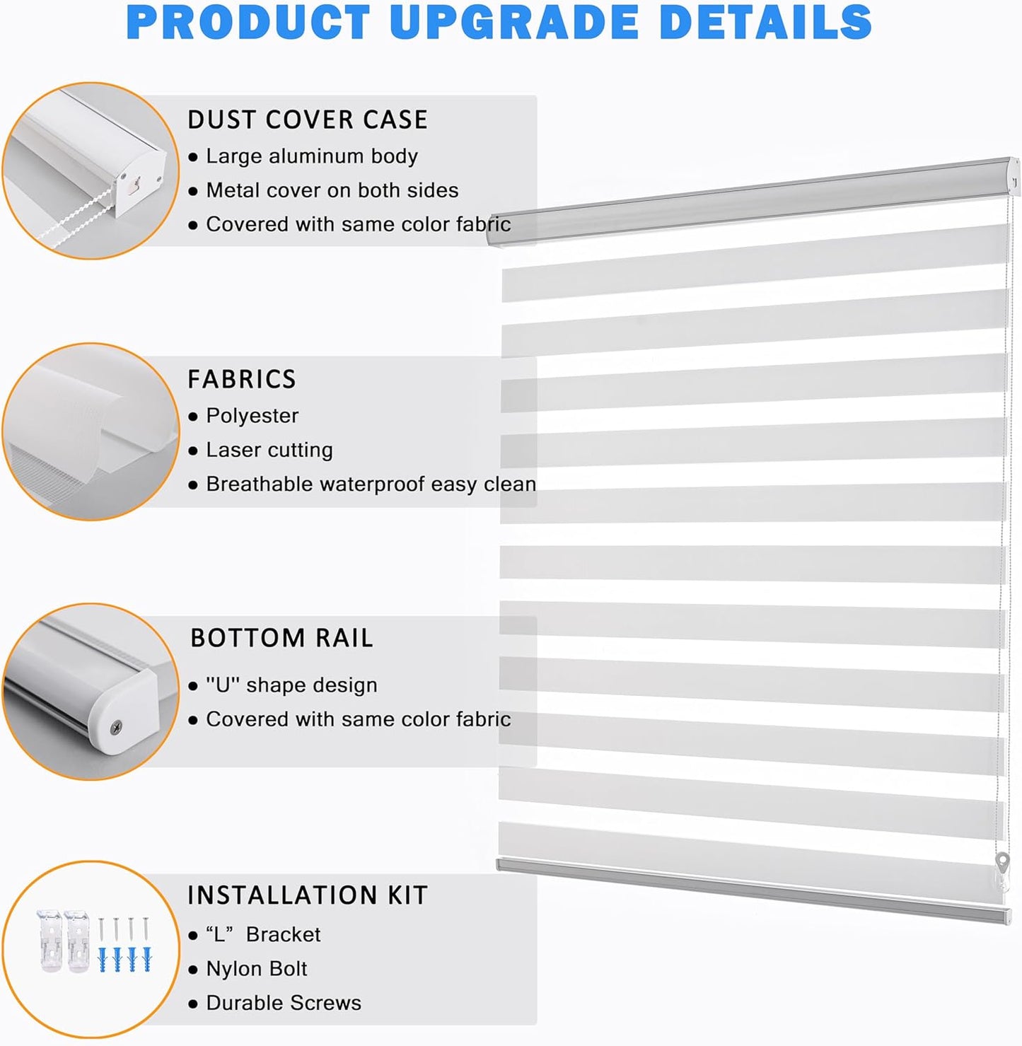 Zebra Blinds for Windows Dual Layer Light Filtering Privacy Free-Stop Sheer Shades Light Control for Indoor Windows Zebra Shades for Living Room(64" W X 72" H, White)
