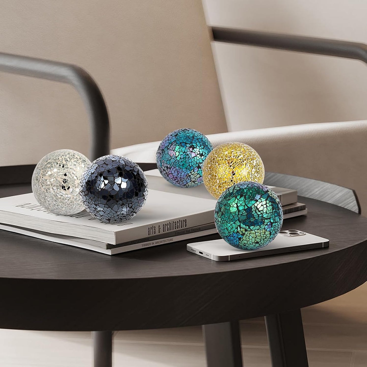 6Pcs Decorative Ball Set, 6cm/2.4inch Mosaic Glass Orbs Centerpiece Balls for Decorate Tables, Wedding Party (Golden)