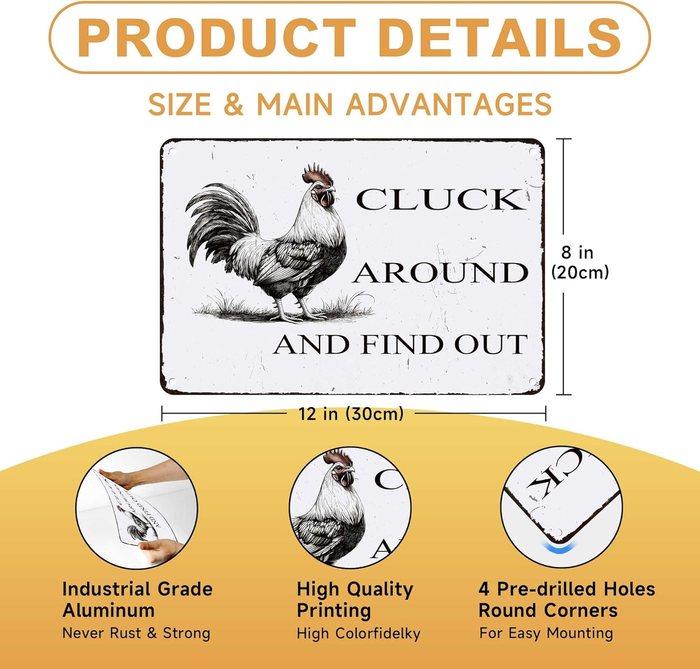 Funny Chicken Coop Sign "Cluck Around & Find Out" Vintage Metal Tin Sign 8x12 Inch - for Farmhouse Kitchen Decor,Chicken Coop Accessories,Barn,Rustic Home & Garden Wall Art with Hanging Holes