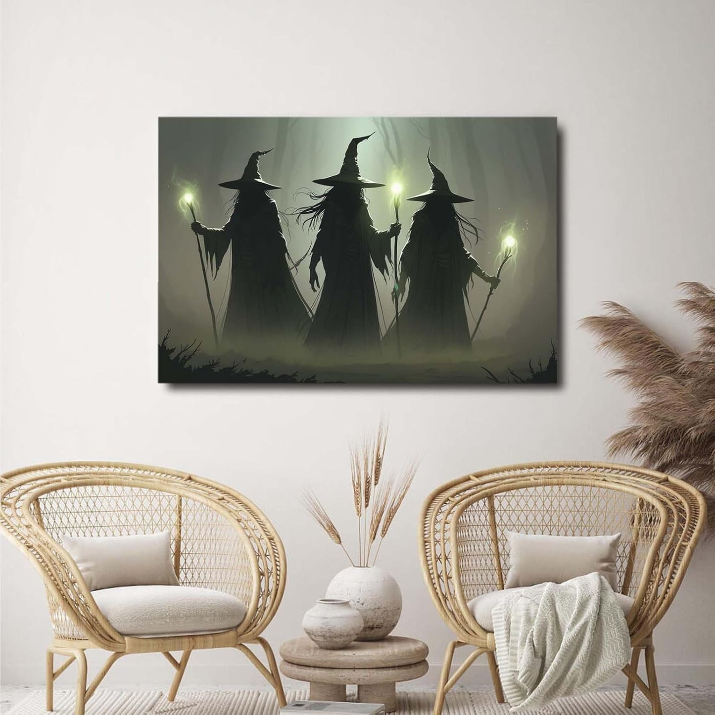 Vintage 3 witches canvas wall decor melancholy dark Halloween poster wall decor holding a staff print Gothic horror Halloween painting print for living room bedroom8x12in Wood Framed