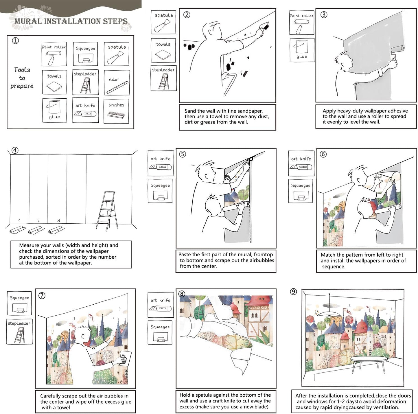 AFZEVEB-Cartoon Watercolor House Nursery Wallpaper Wall murals for Kids Room 159"x107" (Not Peel and Stick)