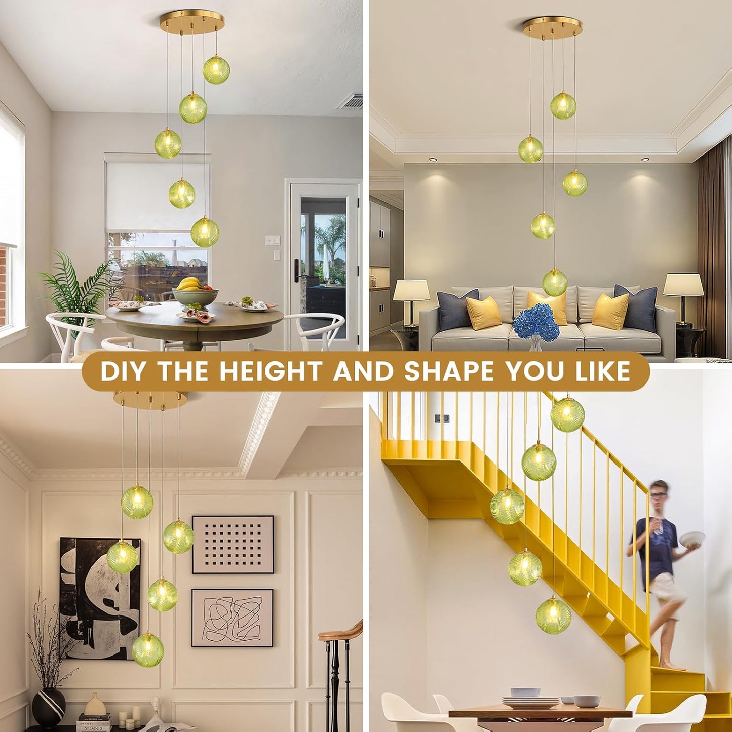 5-Light Chandelier, Globe Green Glass Flush Mount Pendant Light,15W Ceiling Hanging Light for Staircase Foyer Entryway Living Room Hotel Kitchen Island（3000K,G9 Bulbs Include）