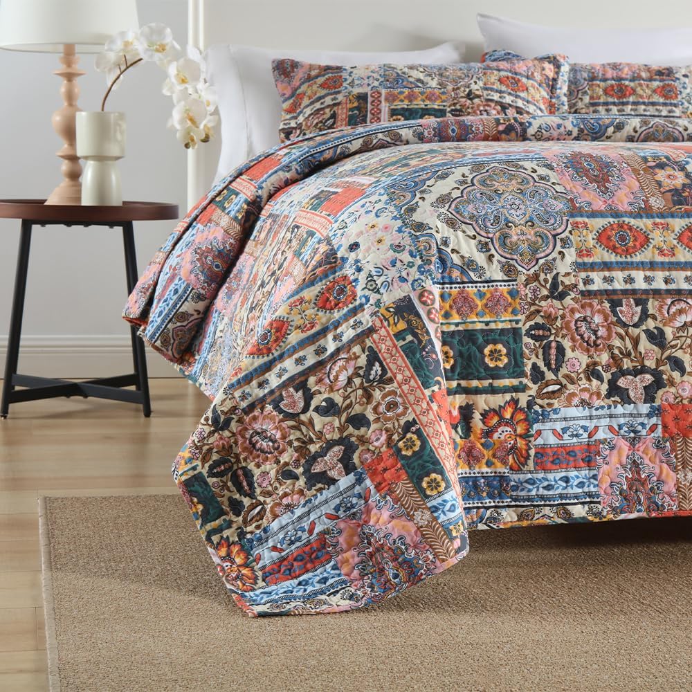 Cotton Bedspread Quilt Sets Reversible Coverlet Sets Comforters Vintage Bohemian Patchwork Bedspread Bedding Sets,Gorgeous Bohemian Floral,Queen Size