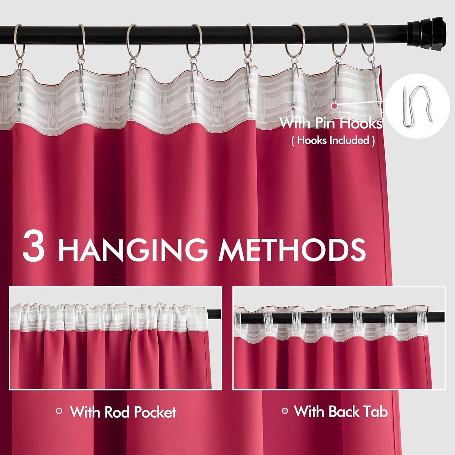 MIULEE Hot Pink Back Tab Blackout Curtains 90 Inches Long 2 Panels Set for Living Room Bedroom Privacy, Rod Pocket/Pinch Pleat Thermal Insulated Room Darkening Pleated Light Blocking Drapes