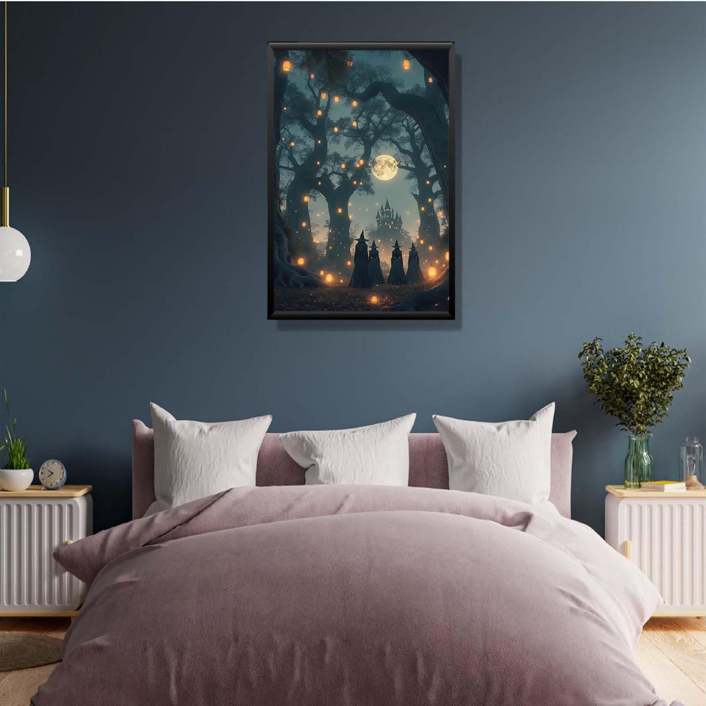 JFHCQJPK Mysterious creek painting witch and castle in magic forest art print canvas gothic print dark college decoration poster for home bedroom24x36in Metal blackFramed
