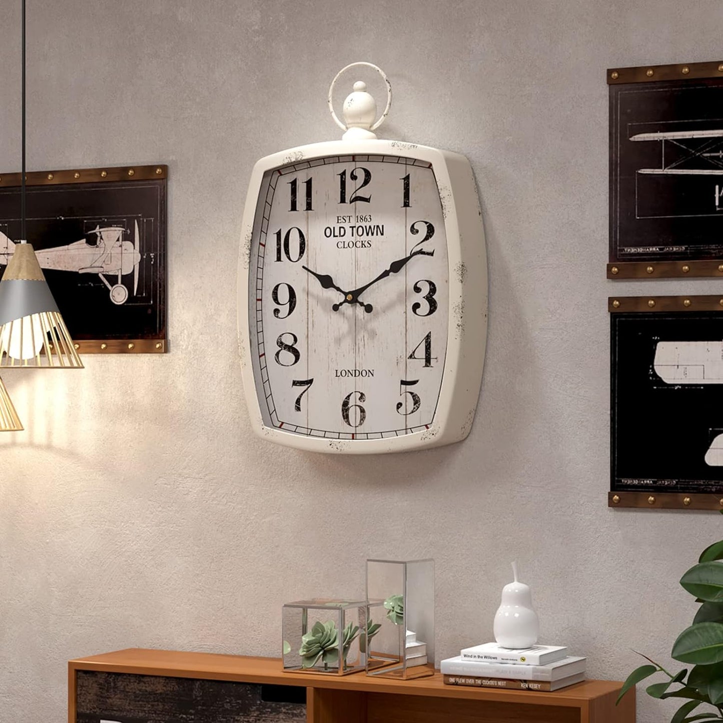 Menterry Rectangle Retro Large Wall Clock, Old-Fashioned Vintage Design, White Antique Style, Battery Operated Silent Decor Wall Clocks for Farmhouse,Kitchen,Office (15.5" H x 10.2" W)