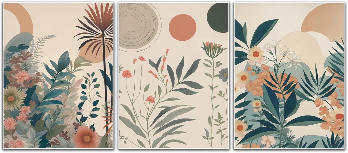 Marllifenney Orange Boho Plants Canvas Wall Art Abstract Botanical Poster Set of 3 Modern Nature Wall Decor Floral Prints Painting Picture for Living Room Bedroom Kitchen Office 16x24in Unframed