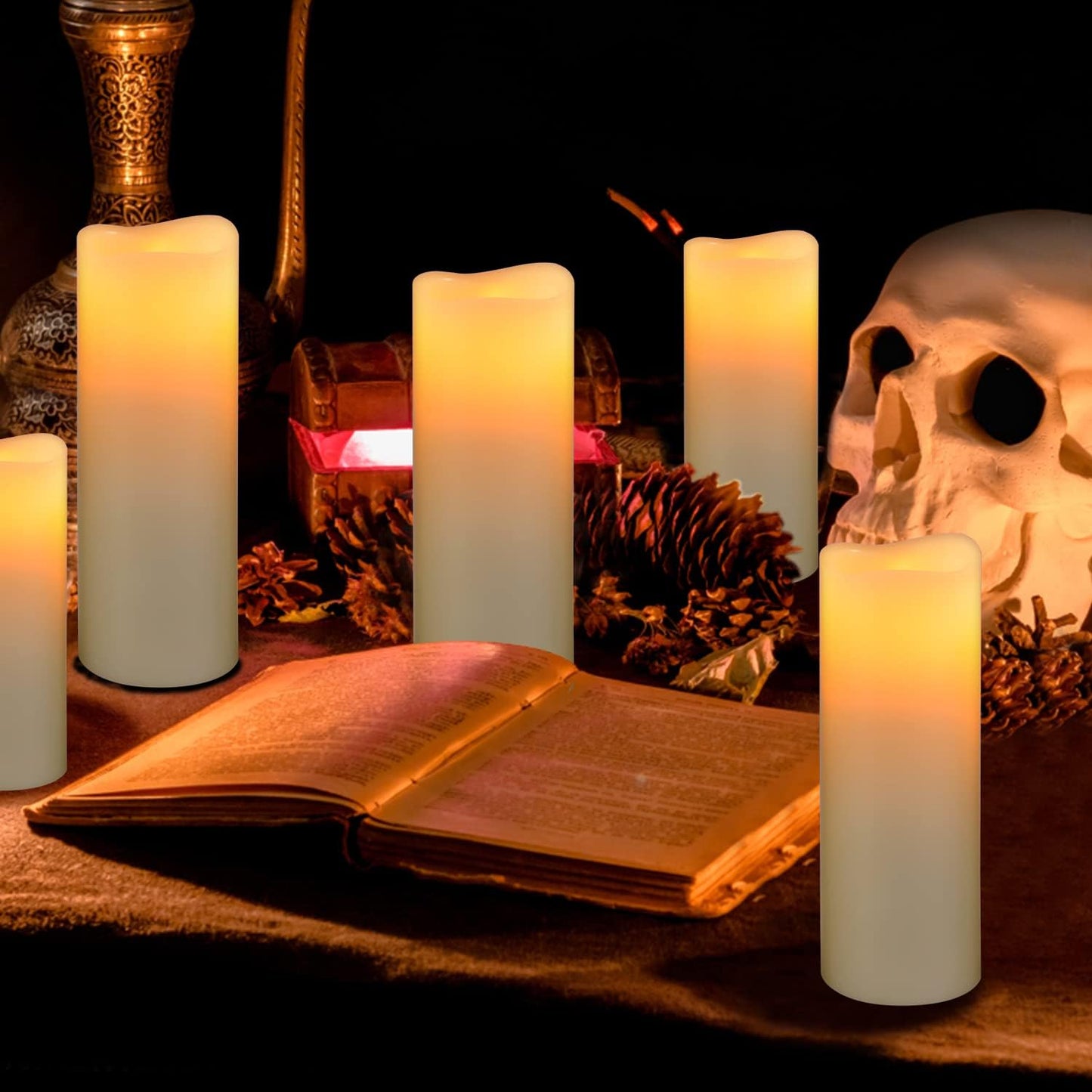 Flameless Battery Operated Led Candles-Set of 9(H 4" 5" 6" 7" 8" 9" x D 2.2") Real Wax Flickering Pillar LED Electric Candles with 10-Key Remote and 24 Hours Timer Ivory
