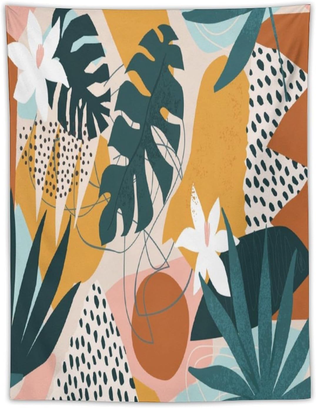 Abstract Bohemian Mid Century Tapestry, Tropical Leaves Modern Geometric Archway Minimalist Bohemian Botanical Aesthetic Wall Hanging, Sage Green Gold Home Decor Art for Bedroom 60x60 Inch