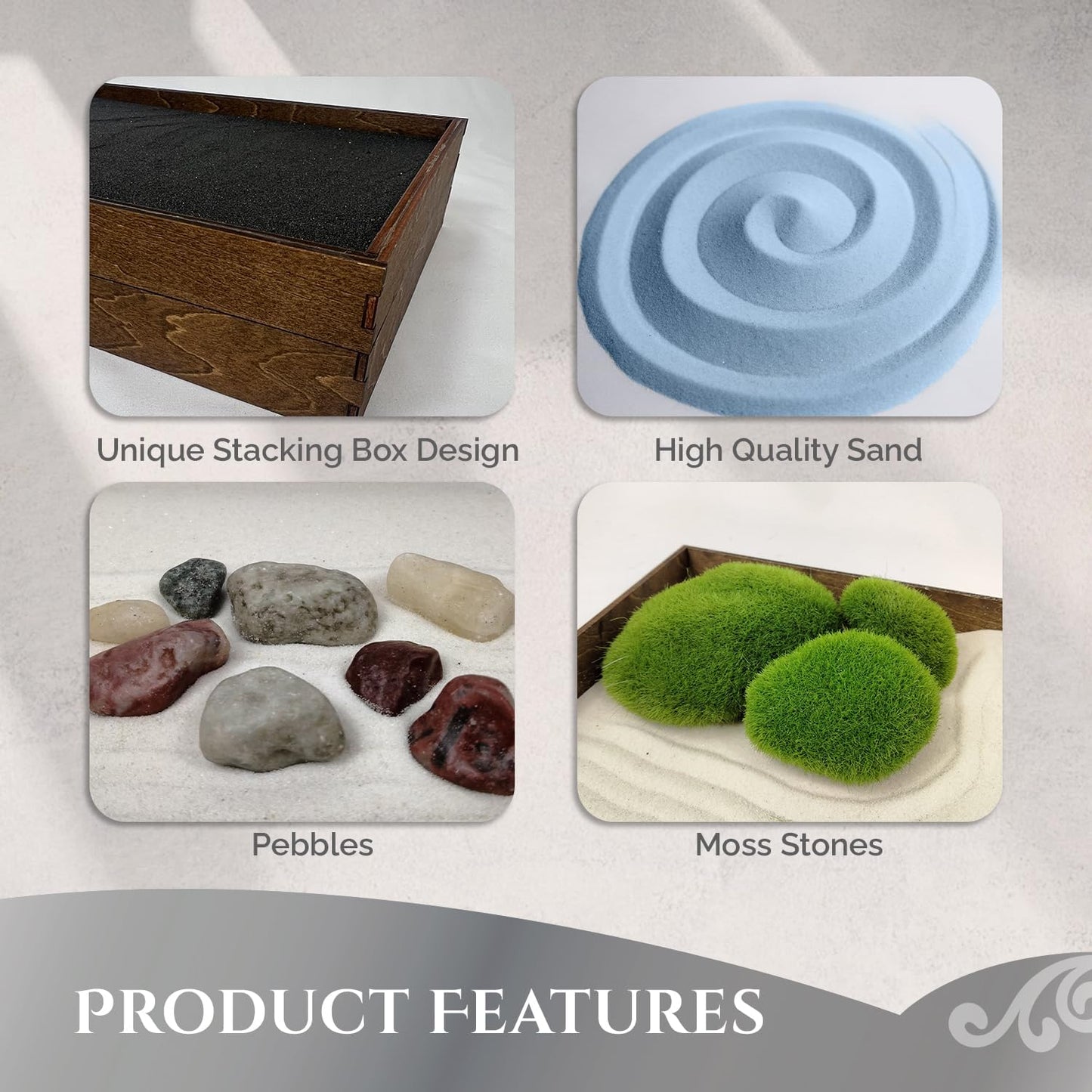 Wooden Stackable Zen Garden | Blue Oasis Sand with Rake & Accessories | Minimalist Decor Gift for Relaxation