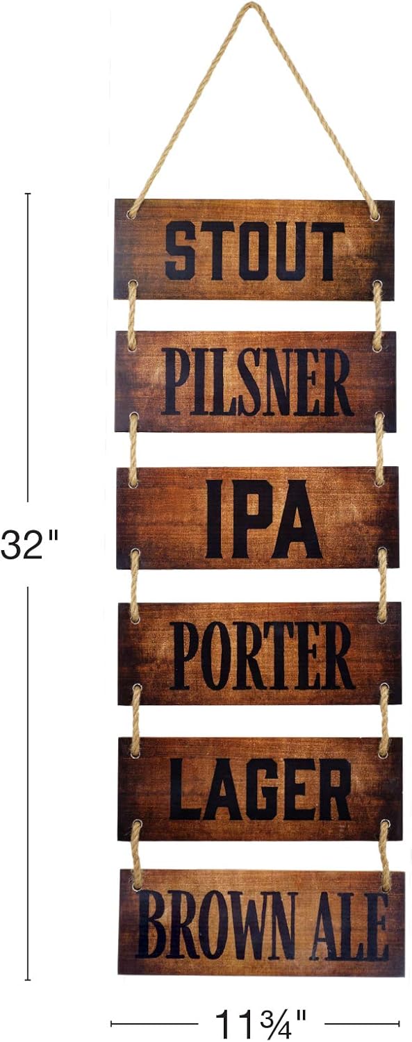 EXCELLO GLOBAL PRODUCTS Large Hanging Wall Sign: Rustic Wooden Decor (Stout, Pilsner, IPA, Porter, Lager, Brown Ale) Hanging Light Wood Wall Decoration (11.75" x 32")