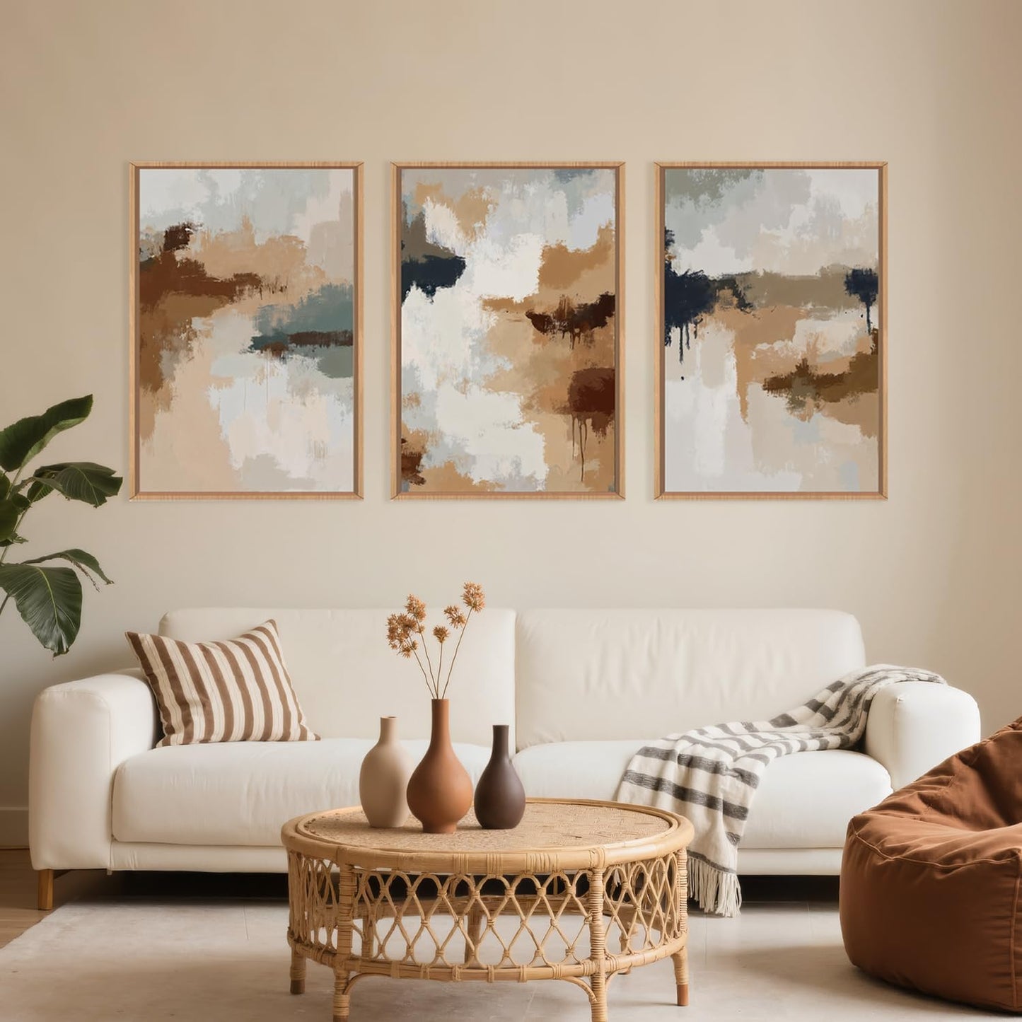 LHIUEM Large Abstract Brown Grey Framed Canvas Wall Art,Neutral Brush Stroke Pastel Wall Decor,Modern Color Block Wall Painting,Minimalist Artwork for Living Room,Bedroom,Dining Room,Office -16"x24"x3