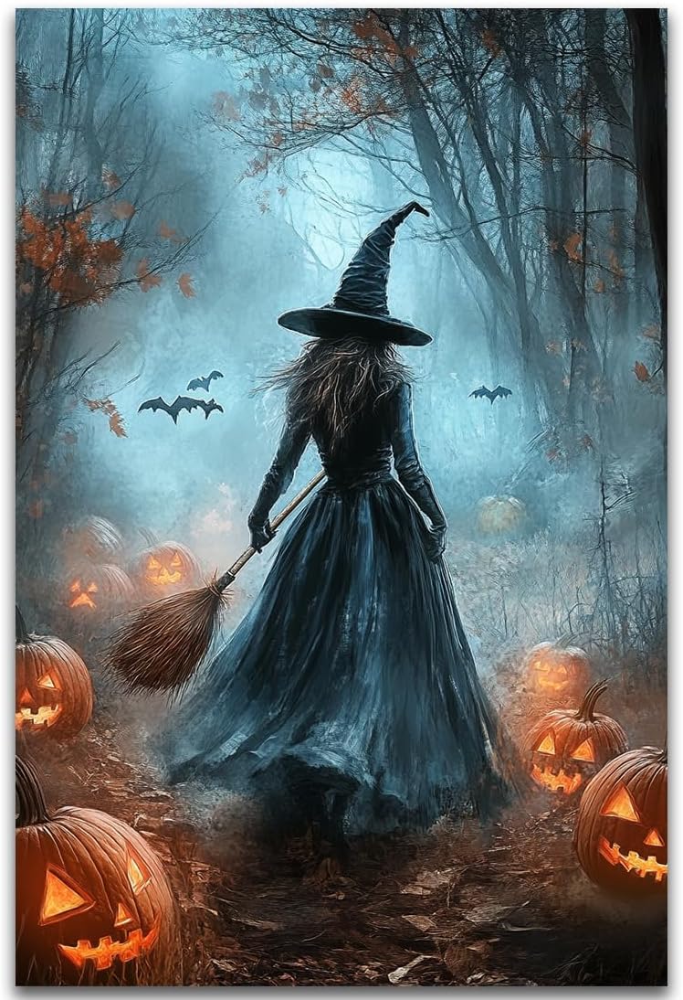 Vintage Moody Halloween Witch Artwork Wall Decor,Spooky Halloween Gothic Canvas Artwork Creepy Horror Witch with A Broom Pumpkin Bats Rustic Forest Picture,Dark Academia Poster,20"x30" Unframed