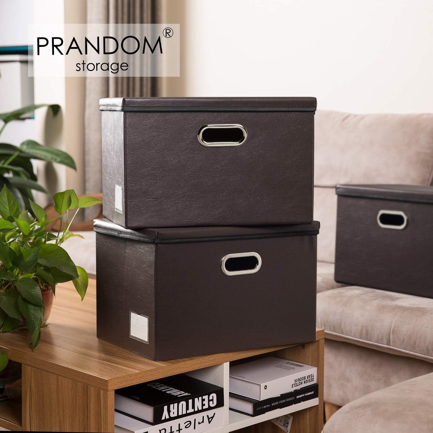PRANDOM Collapsible Storage Bins with Lids [3-Pack] Leather Fabric Foldable Storage Boxes Organizer Containers Baskets Cube with Cover for Bedroom Closet Office Nursery Brown (14.9x10.8x10)
