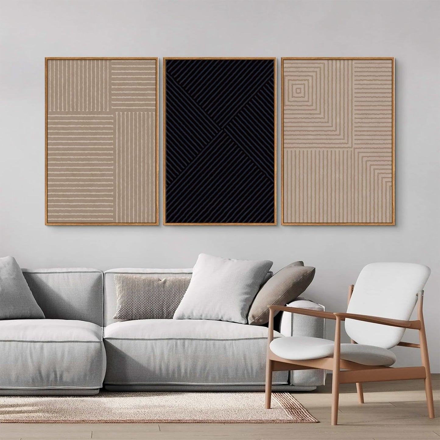 Tinonedraw Mid Century Modern Framed Canvas Wall Art Set of 3, Neutral Abstract Art Prints, Black and Brown Geometric Minimalist Wall Decor for Living Room Bedroom Office Dining Room 16"x24"x3