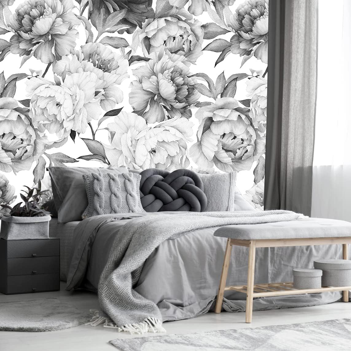 Gray Peonies Wallpaper Watercolor Floral Mural Wallpaper for Nursery(Not Peel n' Stick)