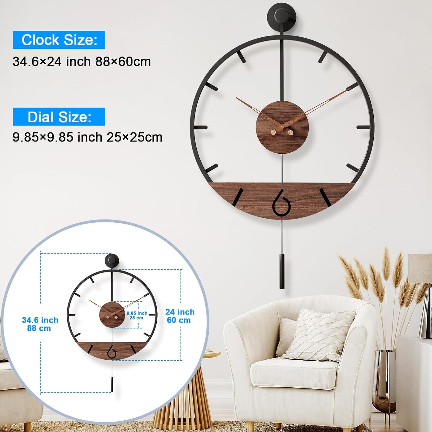 30.7×20 Inch Large Modern Decorative Pendulum Wall Clock,Big Metal Farmhouse Oversized Silent Wall Clocks Minimalist Elegant Walnut Dial Pointers for Living Room,Office,Dining Room Decor