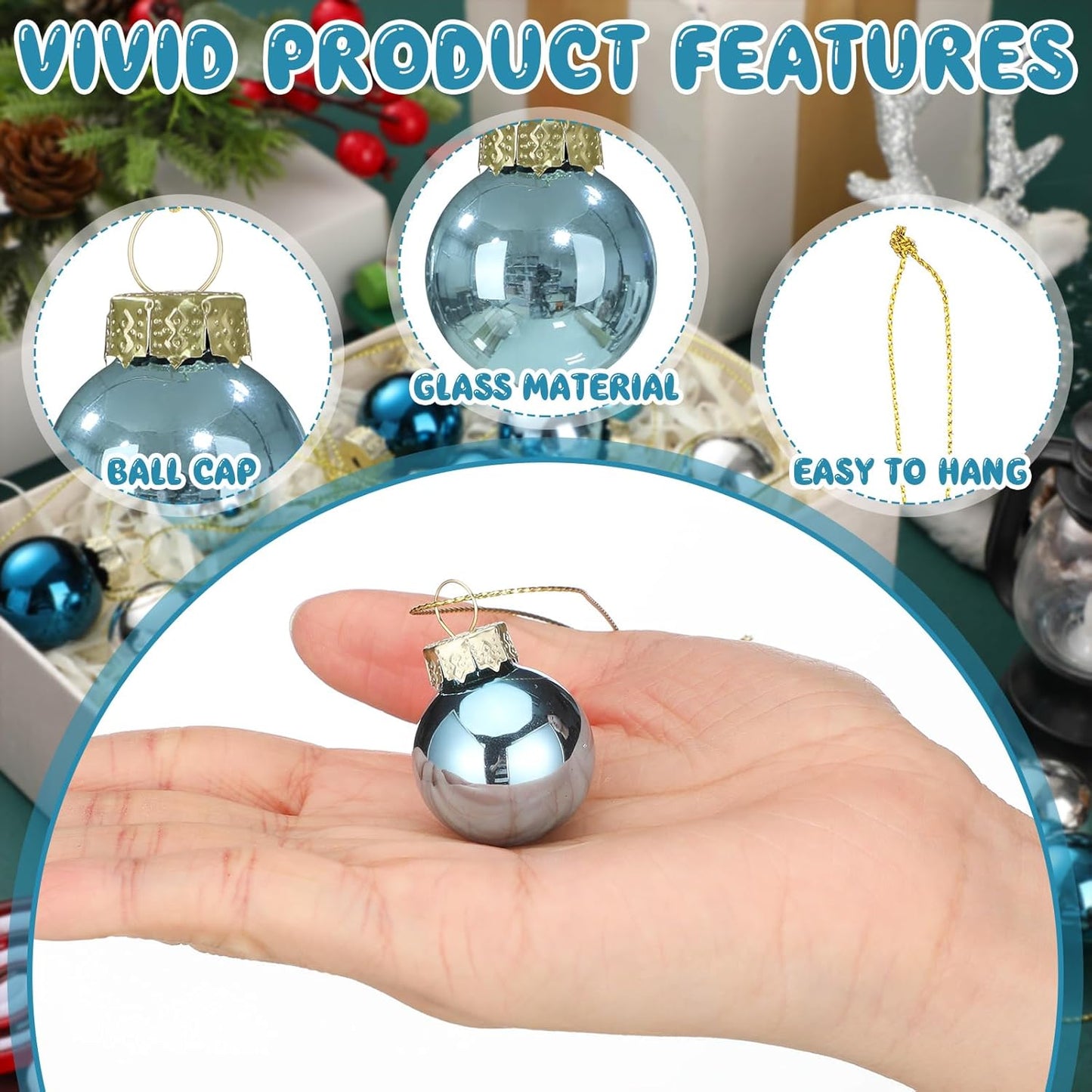 Tioncy 32 Pcs 1 Inch Mini Glass Christmas Ornaments Balls Shiny Christmas Balls Tiny Tree Hanging Decoration Small Colorful Ball Pendant for Xmas Party Supplies(Blue and Silvery)