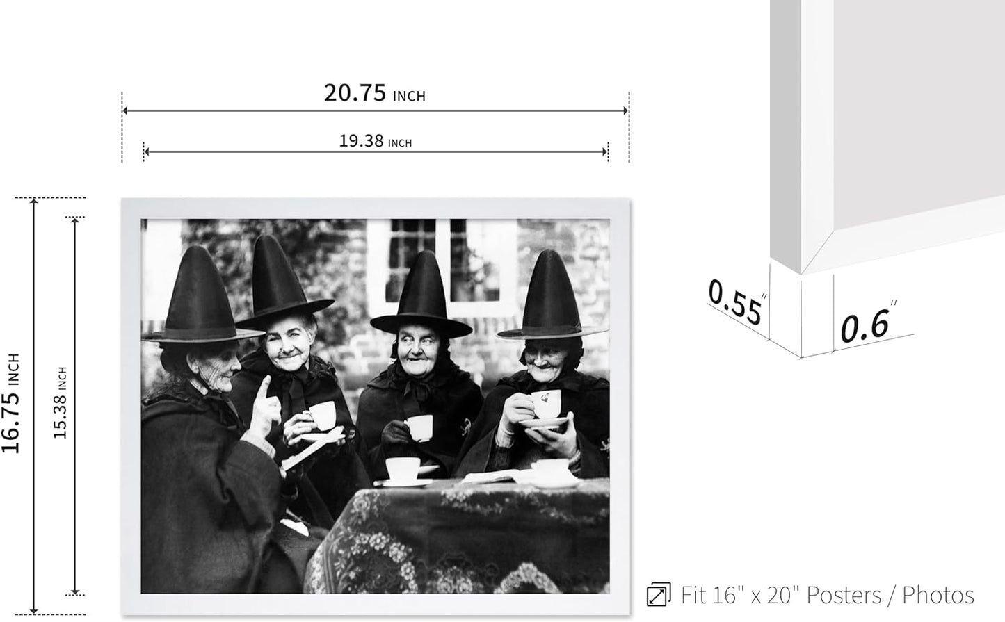 Poster Master Classic Photograph Poster - Vintage Halloween Print - Gift for Artist, Friend - Witches Tea Party, Old Women Smiling, Wearing Robes - Wall Decor for Living Room, 16x20 White Framed